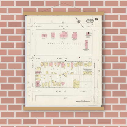 Old map wall art mockup — magnetic wood frame on brick wall — Sanborn Fire Insurance Map from Marietta, Washington County, Ohio (1915), Sheet #0016