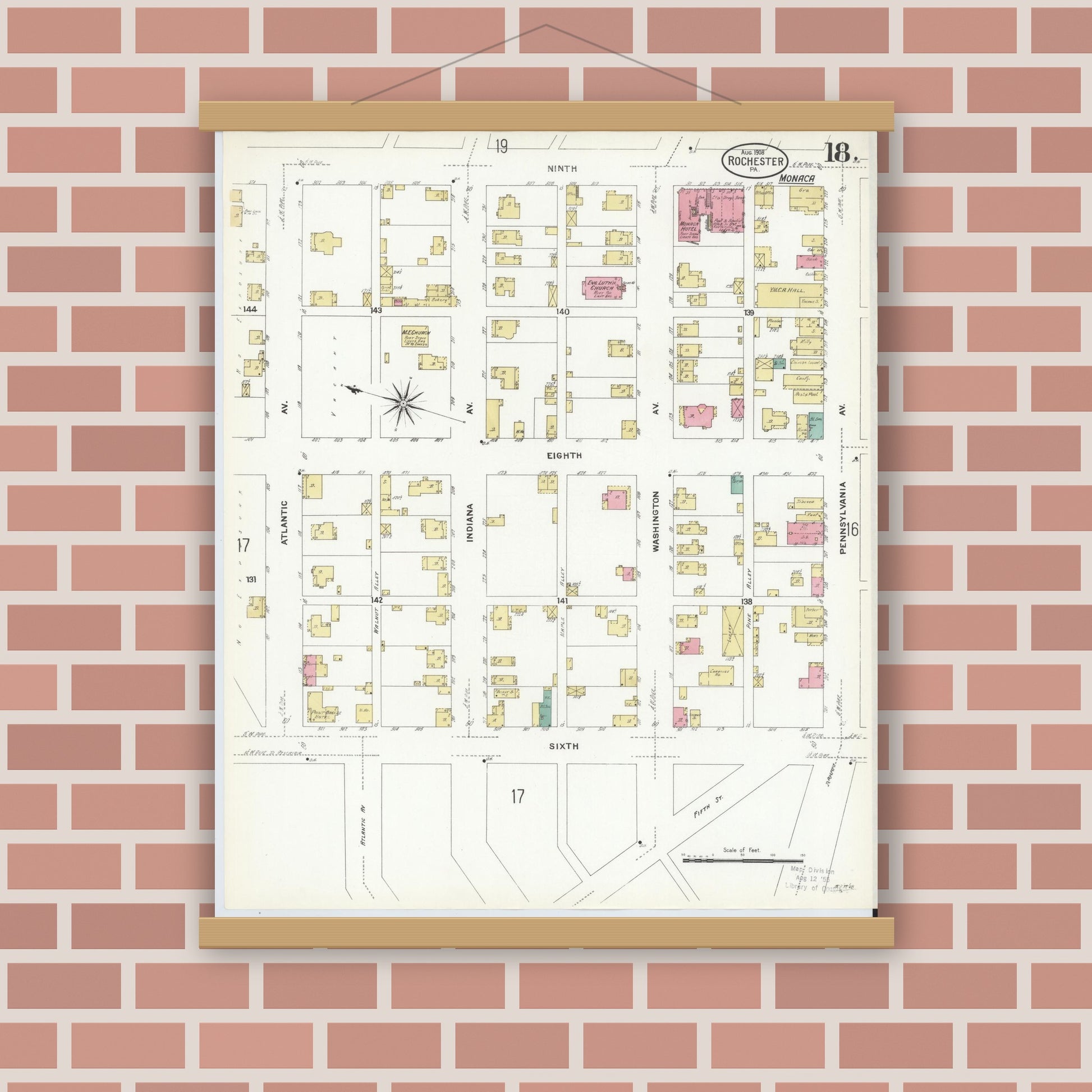 Old map wall art mockup — magnetic wood frame on brick wall — Sanborn Fire Insurance Map from Rochester, Beaver County, Pennsylvania (1908), Sheet #0017