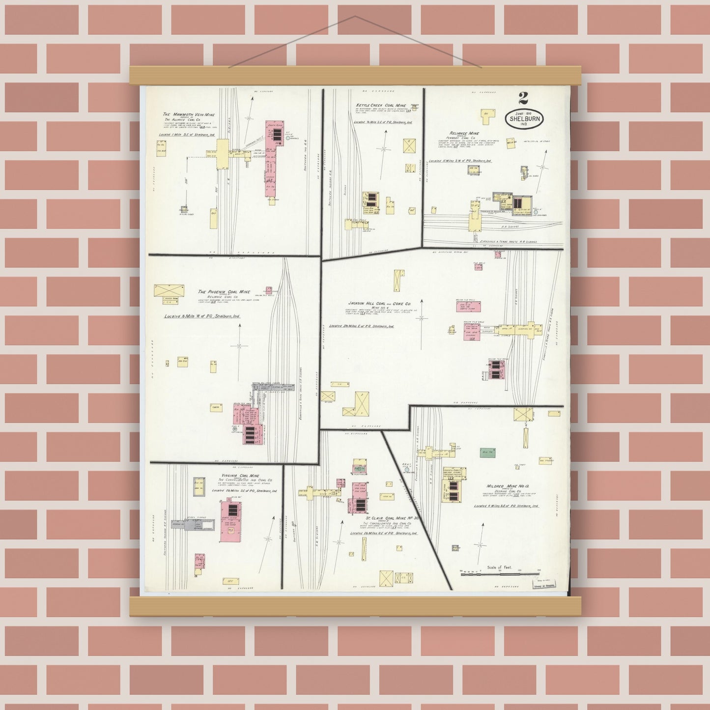 Old map wall art mockup — magnetic wood frame on brick wall — Sanborn Fire Insurance Map from Shelburn, Sullivan County, Indiana (1910), Sheet #0002