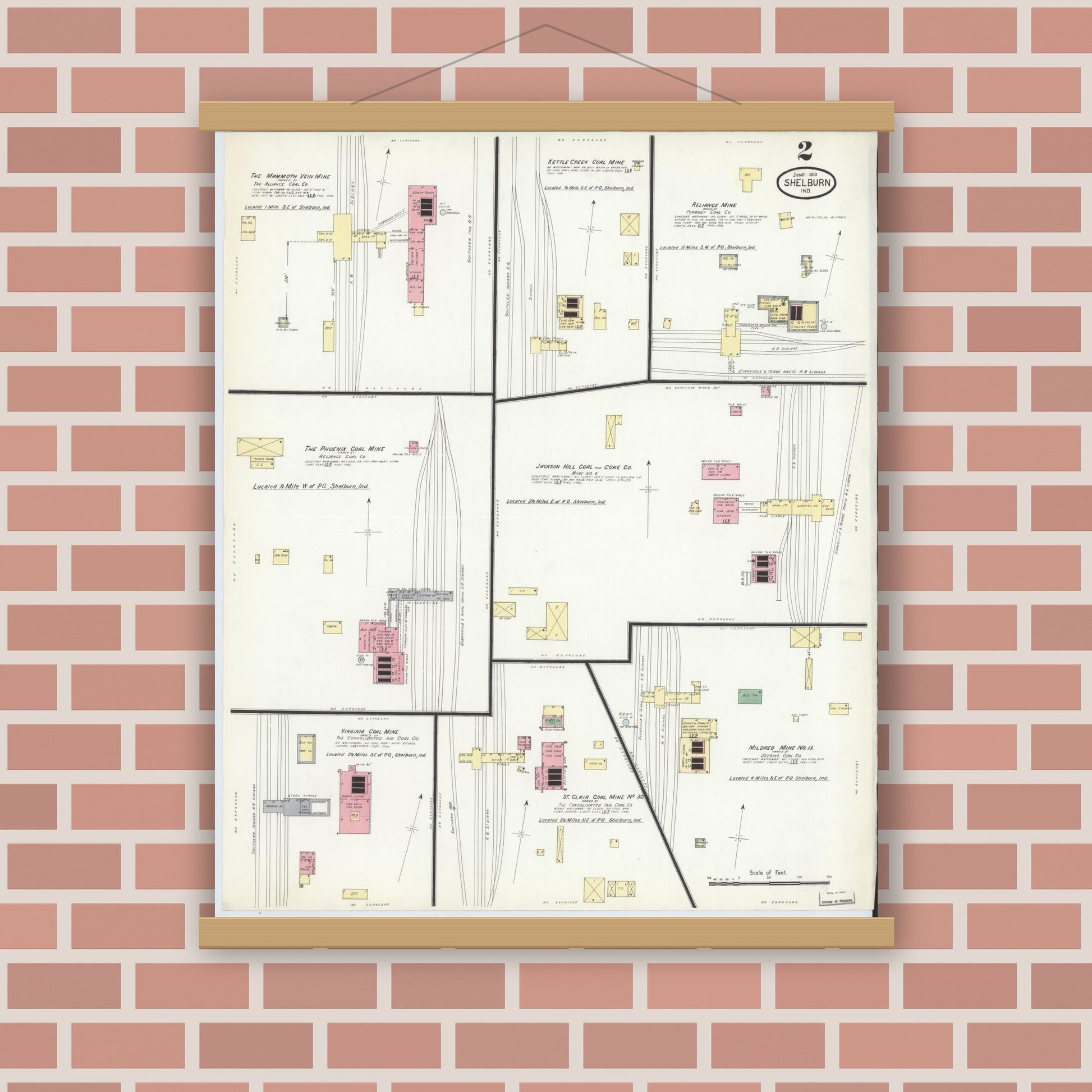 Old map wall art mockup — magnetic wood frame on brick wall — Sanborn Fire Insurance Map from Shelburn, Sullivan County, Indiana (1910), Sheet #0002