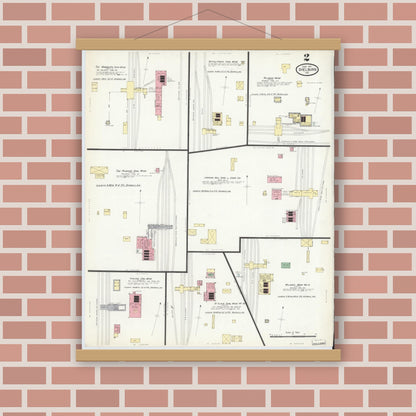 Old map wall art mockup — magnetic wood frame on brick wall — Sanborn Fire Insurance Map from Shelburn, Sullivan County, Indiana (1910), Sheet #0002