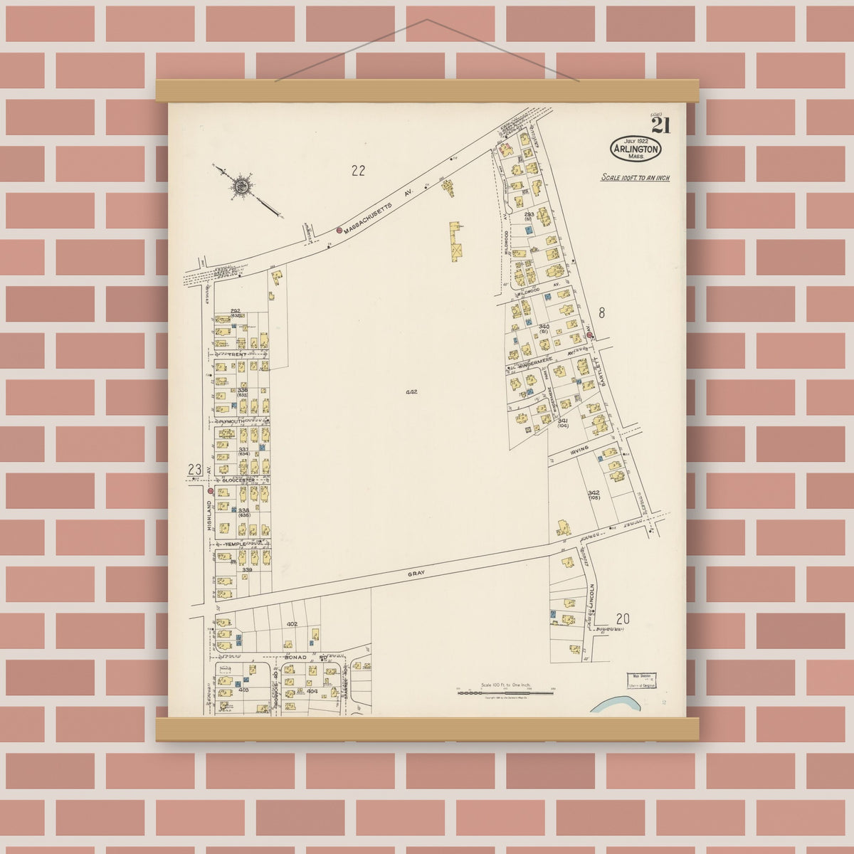 Old map wall art mockup — magnetic wood frame on brick wall — Sanborn Fire Insurance Map from Arlington, Middlesex County, Massachusetts (1922), Sheet #0021