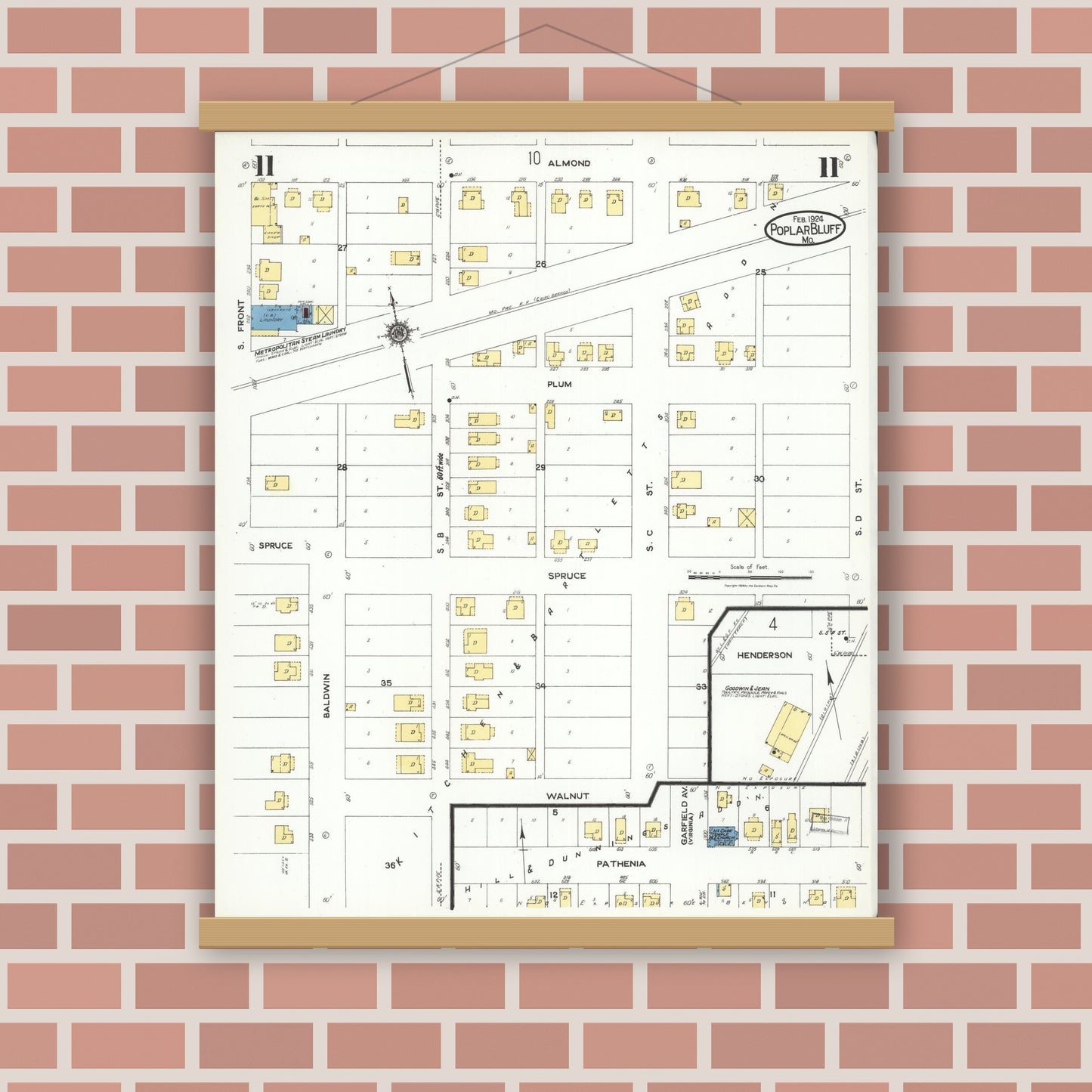 Old map wall art mockup — magnetic wood frame on brick wall — Sanborn Fire Insurance Map from Poplar Bluff, Butler County, Missouri (1924), Sheet #0011