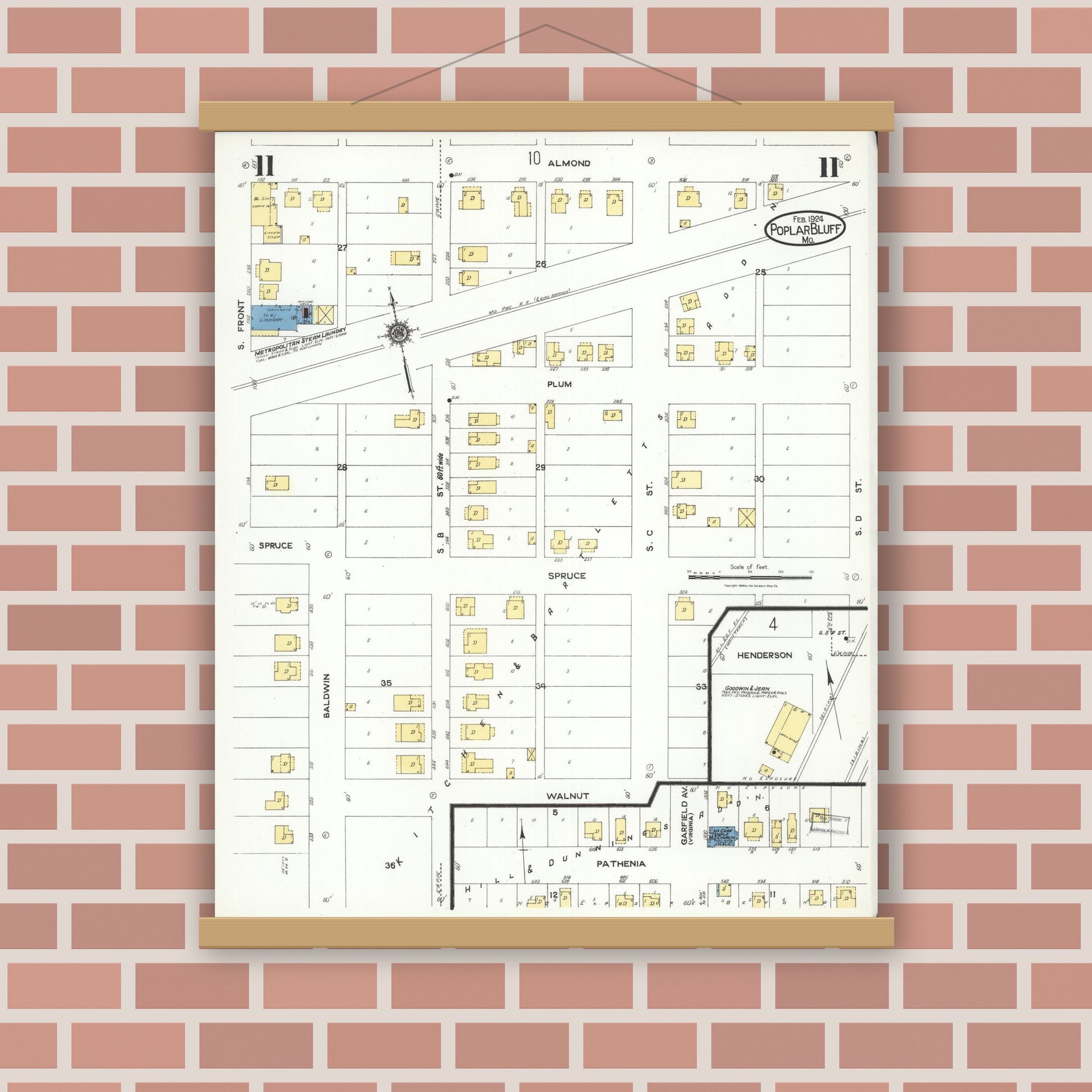 Old map wall art mockup — magnetic wood frame on brick wall — Sanborn Fire Insurance Map from Poplar Bluff, Butler County, Missouri (1924), Sheet #0011