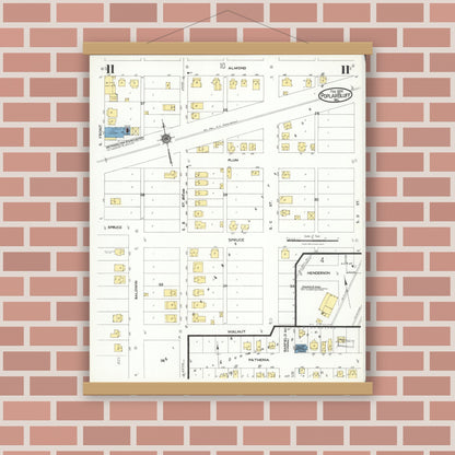 Old map wall art mockup — magnetic wood frame on brick wall — Sanborn Fire Insurance Map from Poplar Bluff, Butler County, Missouri (1924), Sheet #0011