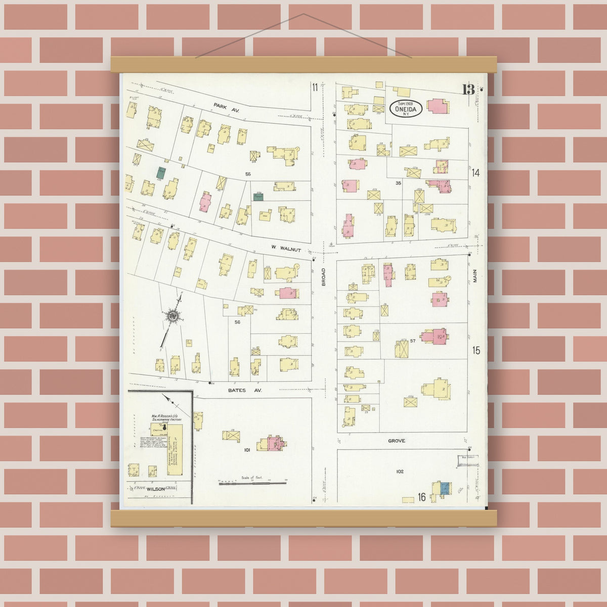 Old map wall art mockup — magnetic wood frame on brick wall — Sanborn Fire Insurance Map from Oneida, Madison County, New York (1909), Sheet #0013
