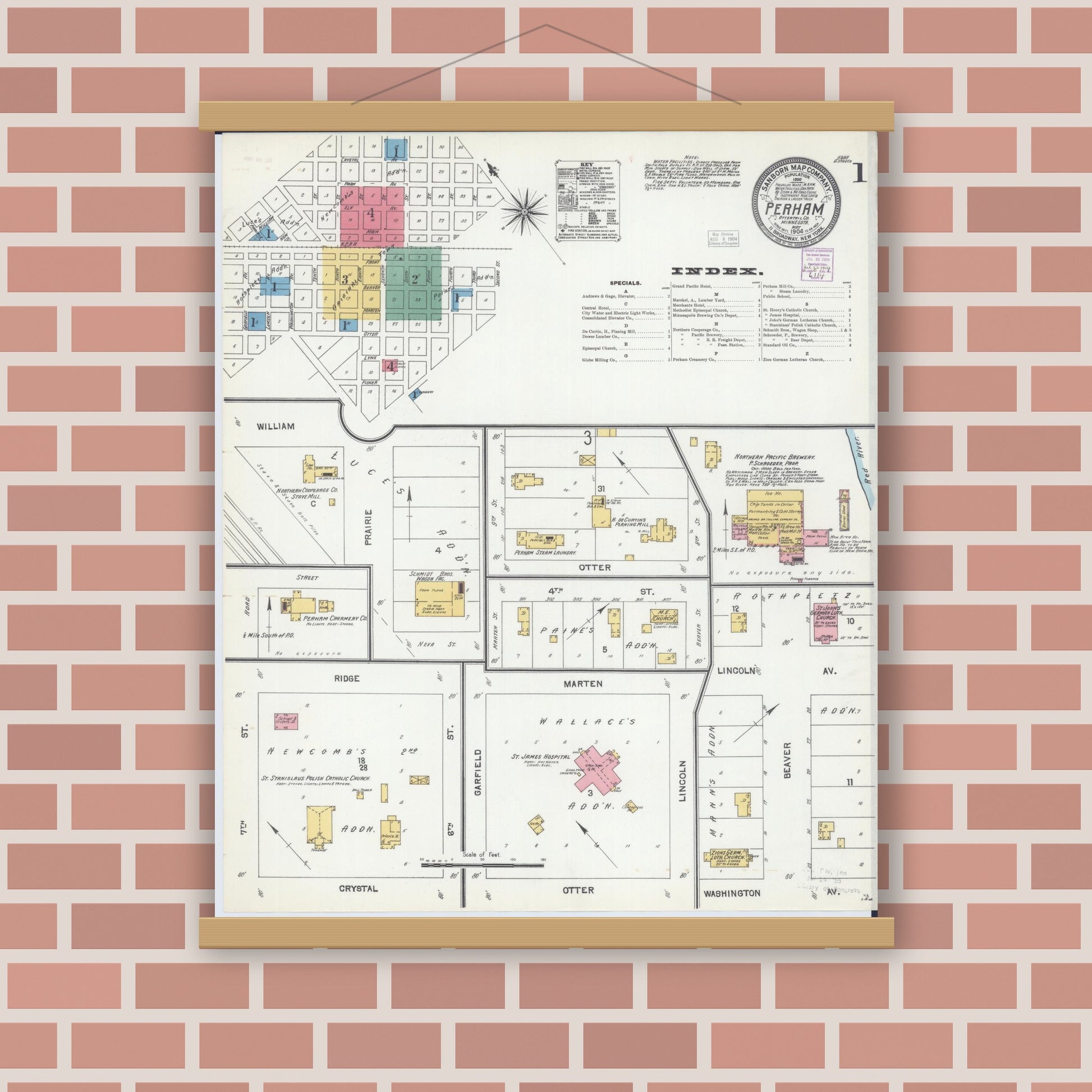Old map wall art mockup — magnetic wood frame on brick wall — Sanborn Fire Insurance Map from Perham, Otter Tail County, Minnesota (1904), Sheet #0001