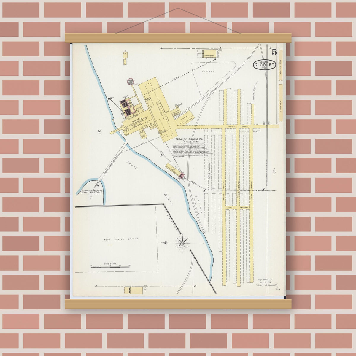 Old map wall art mockup — magnetic wood frame on brick wall — Sanborn Fire Insurance Map from Cloquet, Carlton County, Minnesota (1892), Sheet #0005
