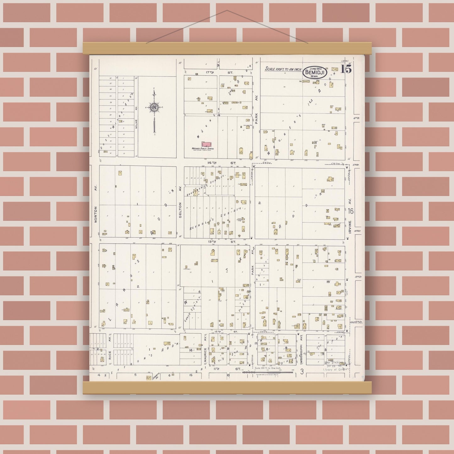 Old map wall art mockup — magnetic wood frame on brick wall — Sanborn Fire Insurance Map from Bemidji, Beltrami County, Minnesota (1922), Sheet #0015