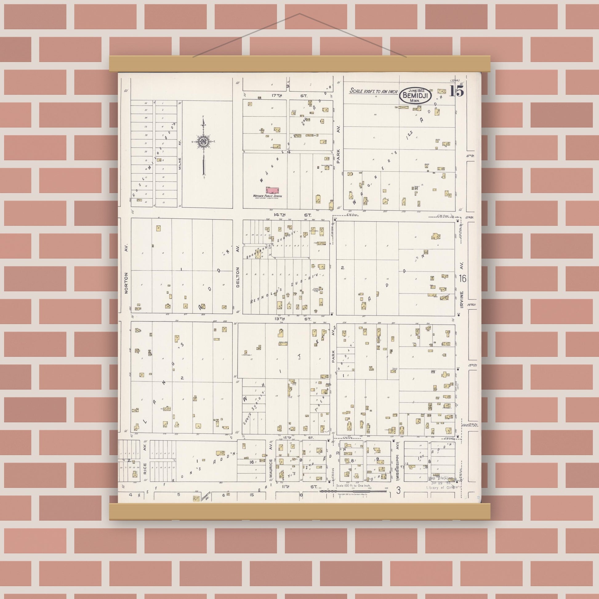 Old map wall art mockup — magnetic wood frame on brick wall — Sanborn Fire Insurance Map from Bemidji, Beltrami County, Minnesota (1922), Sheet #0015