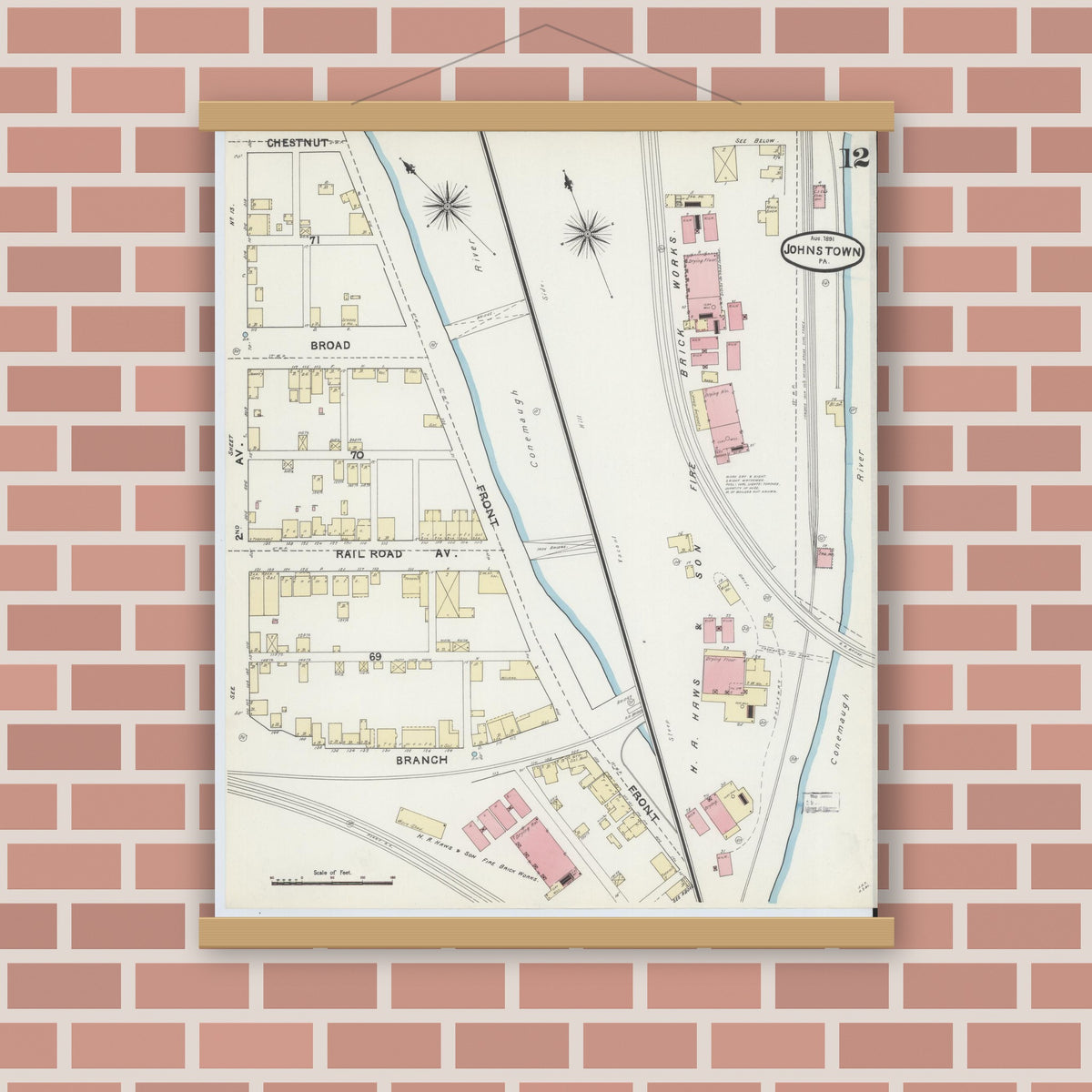 Old map wall art mockup — magnetic wood frame on brick wall — Sanborn Fire Insurance Map from Johnstown, Cambria County, Pennsylvania (1891), Sheet #0012