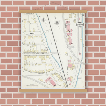 Old map wall art mockup — magnetic wood frame on brick wall — Sanborn Fire Insurance Map from Johnstown, Cambria County, Pennsylvania (1891), Sheet #0012