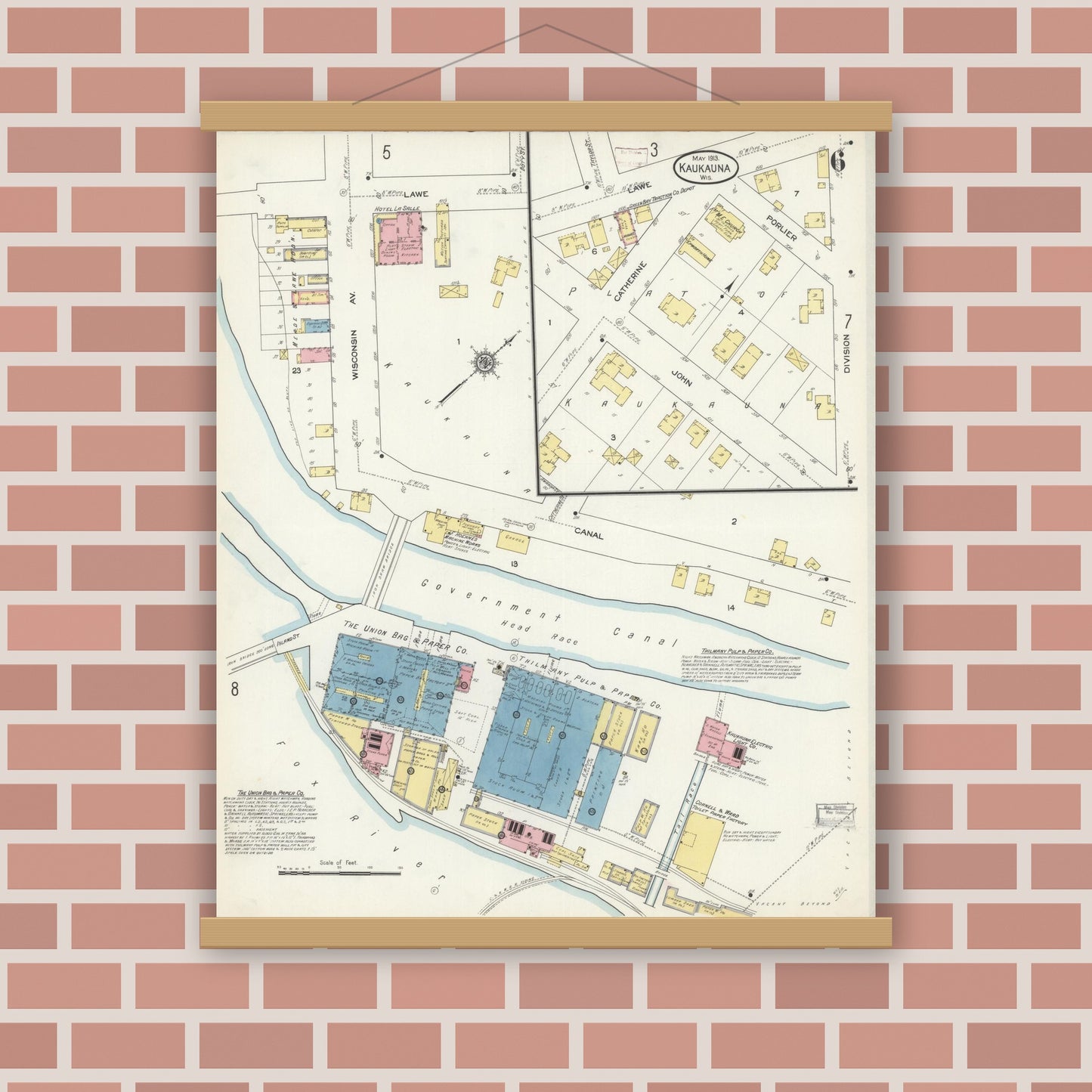 Old map wall art mockup — magnetic wood frame on brick wall — Sanborn Fire Insurance Map from Kaukauna, Outagamie County, Wisconsin (1913), Sheet #0006