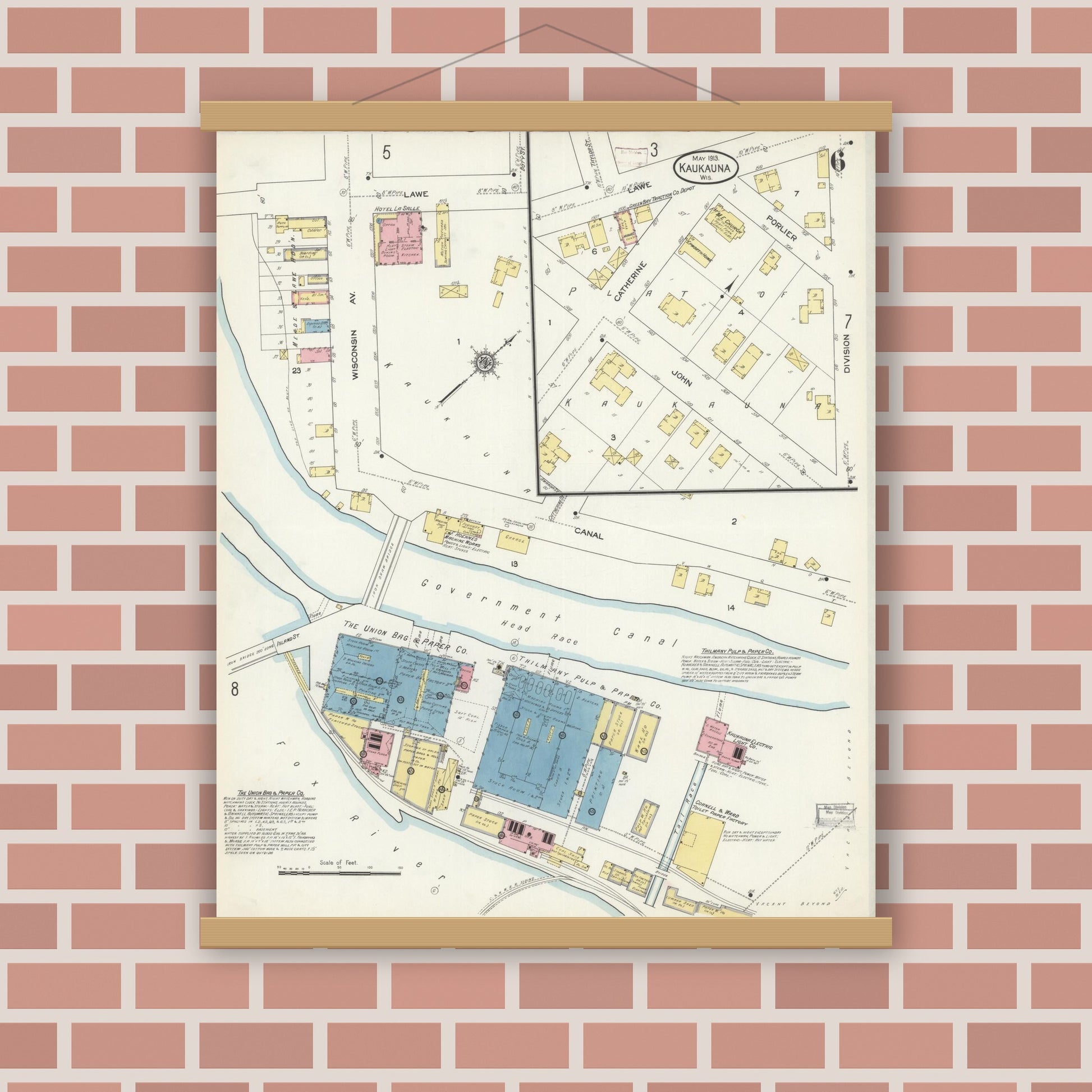Old map wall art mockup — magnetic wood frame on brick wall — Sanborn Fire Insurance Map from Kaukauna, Outagamie County, Wisconsin (1913), Sheet #0006