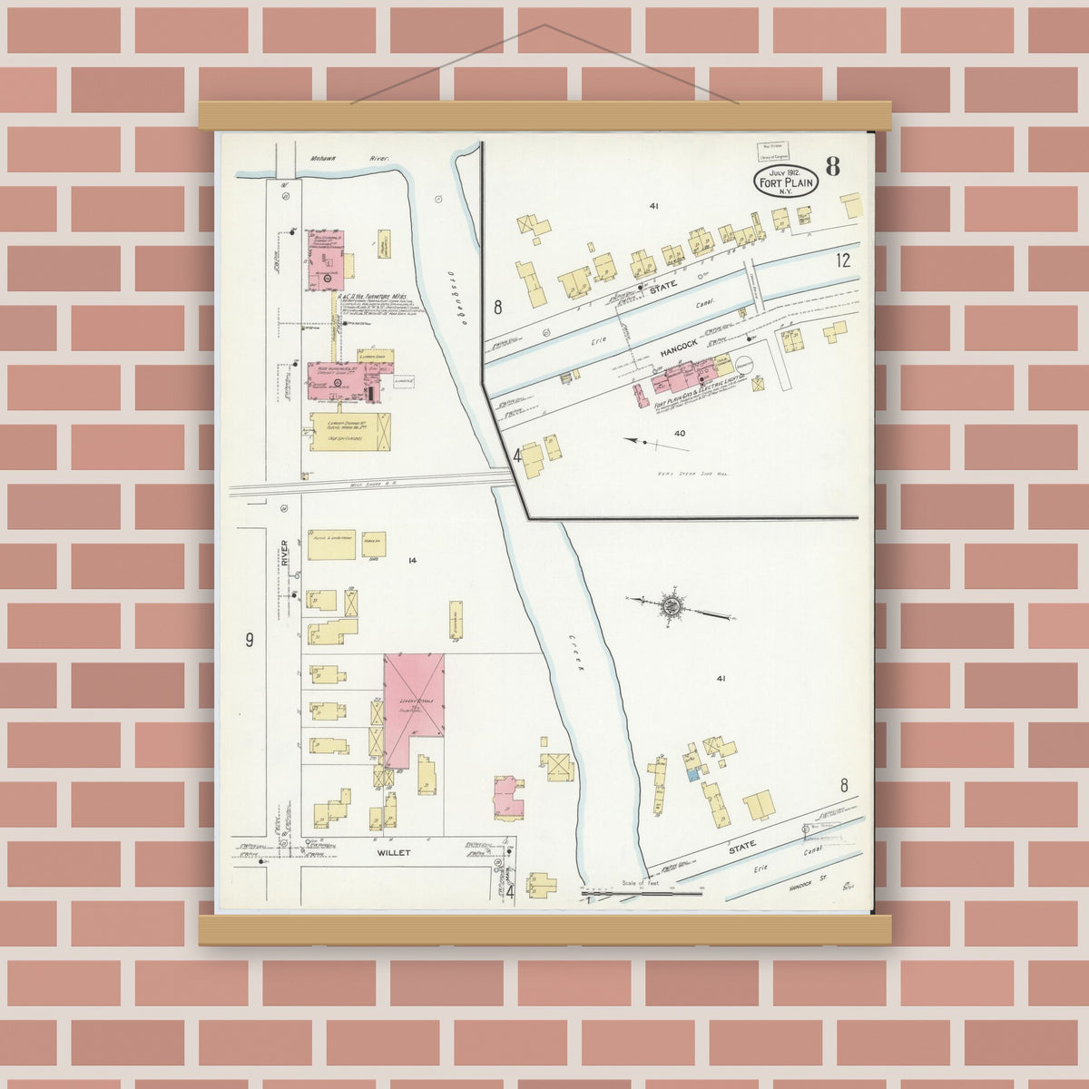 Old map wall art mockup — magnetic wood frame on brick wall — Sanborn Fire Insurance Map from Fort Plain, Montgomery County, New York (1912), Sheet #0008