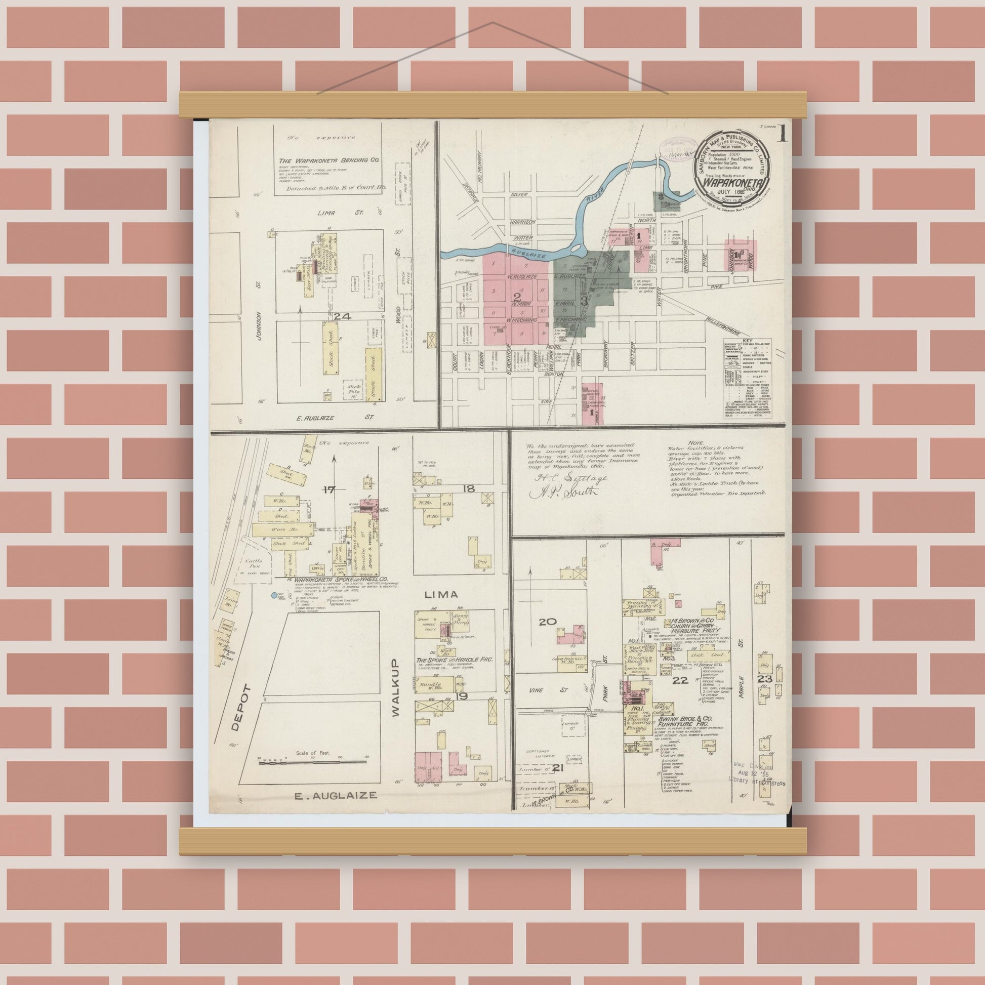 Old map wall art mockup — magnetic wood frame on brick wall — Sanborn Fire Insurance Map from Wapakoneta, Auglaize County, Ohio (1885), Sheet #0001