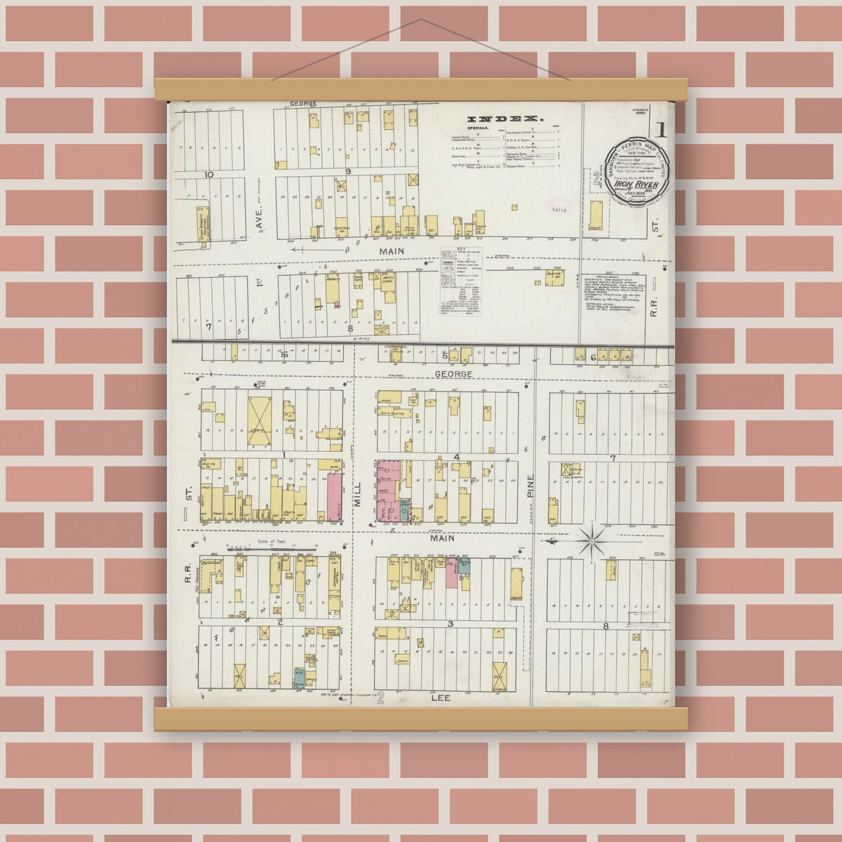 Old map wall art mockup — magnetic wood frame on brick wall — Sanborn Fire Insurance Map from Iron River, Bayfield County, Wisconsin (1893) - Complete Map Set