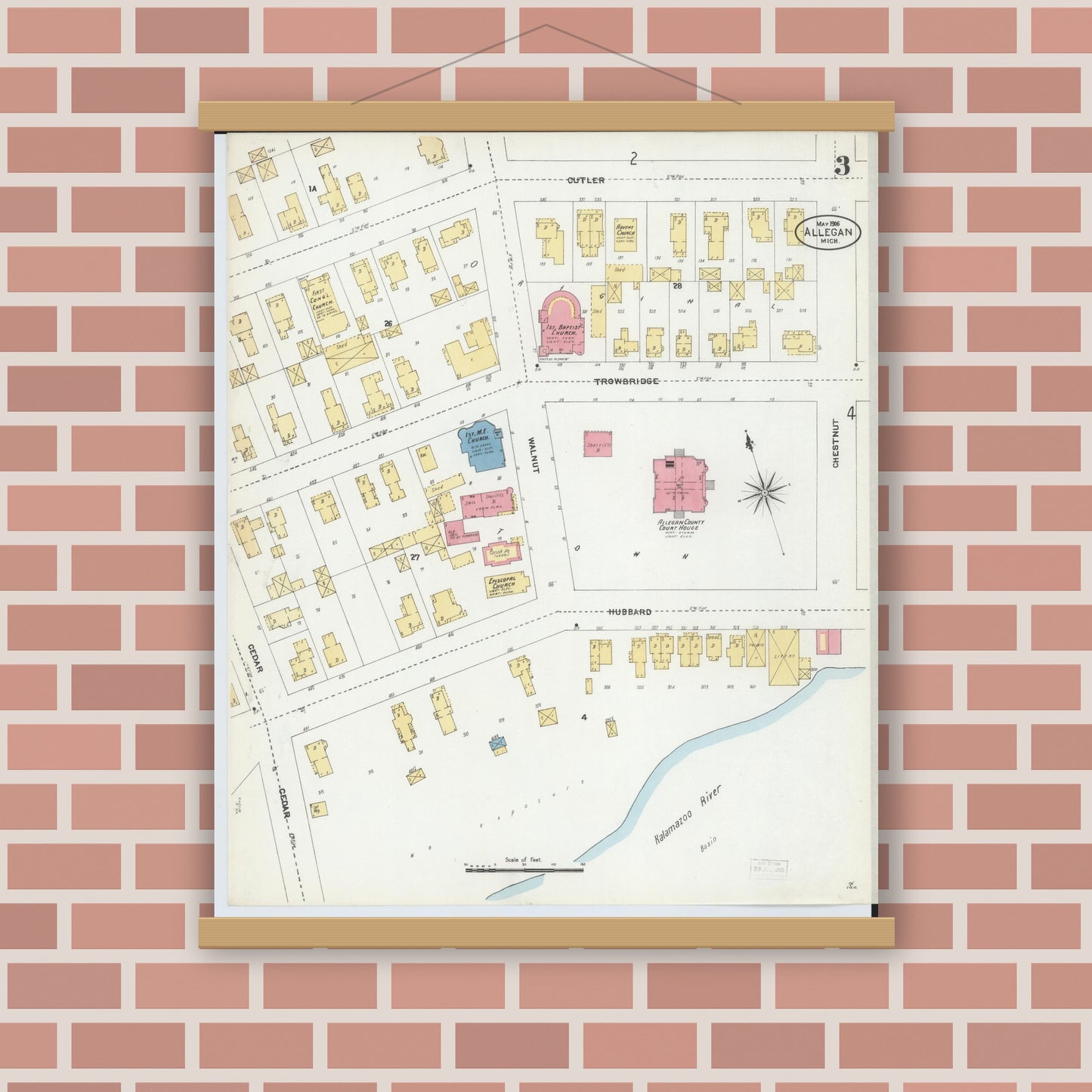 Old map wall art mockup — magnetic wood frame on brick wall — Sanborn Fire Insurance Map from Allegan, Allegan County, Michigan (1906), Sheet #0003