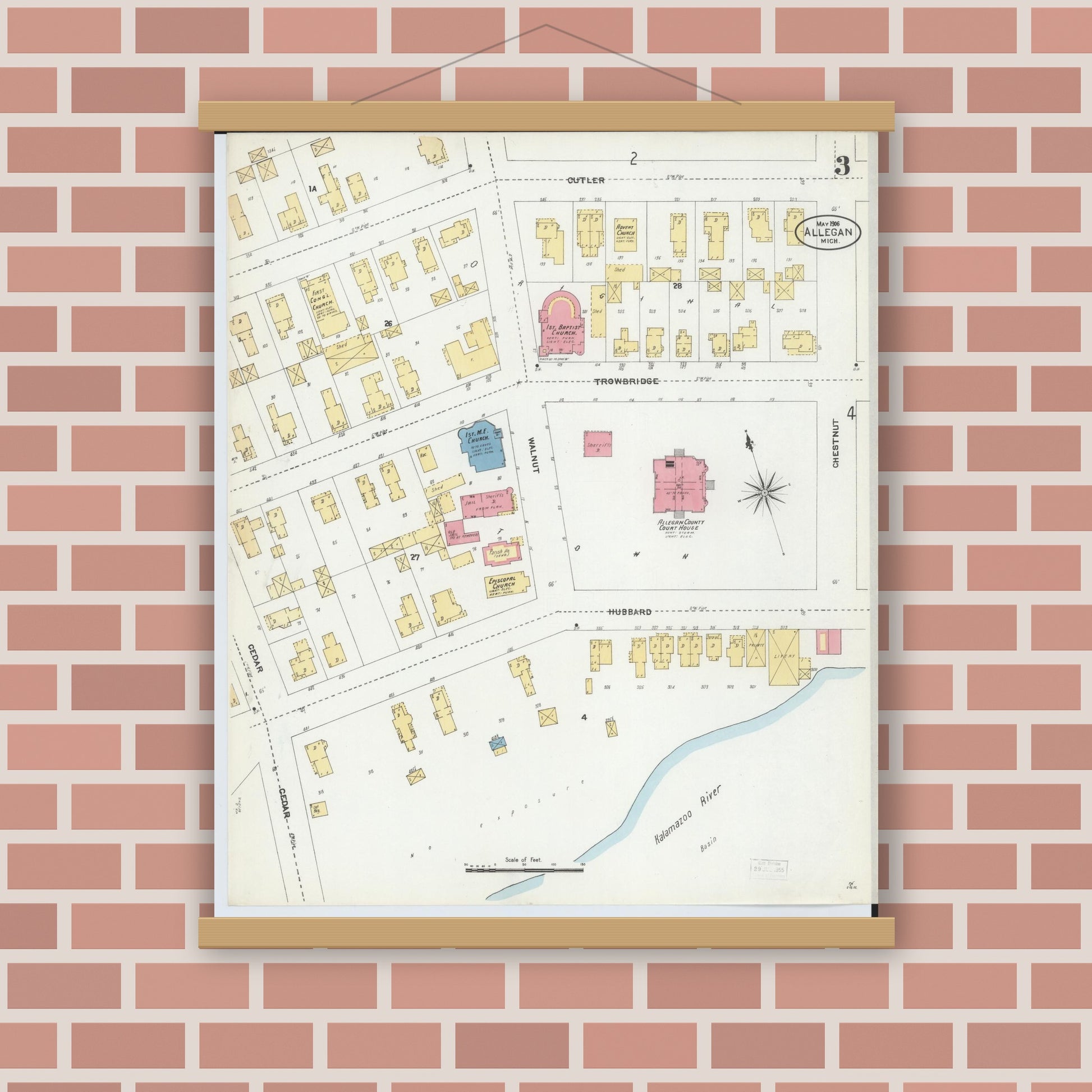 Old map wall art mockup — magnetic wood frame on brick wall — Sanborn Fire Insurance Map from Allegan, Allegan County, Michigan (1906), Sheet #0003