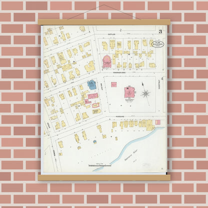 Old map wall art mockup — magnetic wood frame on brick wall — Sanborn Fire Insurance Map from Allegan, Allegan County, Michigan (1906), Sheet #0003