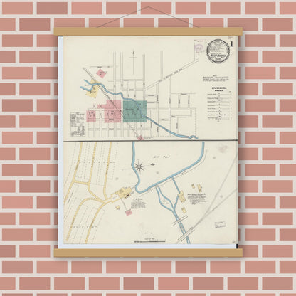 Old map wall art mockup — magnetic wood frame on brick wall — Sanborn Fire Insurance Map from West Branch, Ogemaw County, Michigan (1893) - Complete Map Set