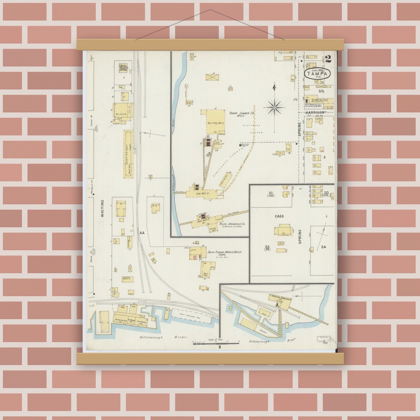 Old map wall art mockup — magnetic wood frame on brick wall — Sanborn Fire Insurance Map from Tampa, Hillsborough County, Florida (1895), Sheet #0006