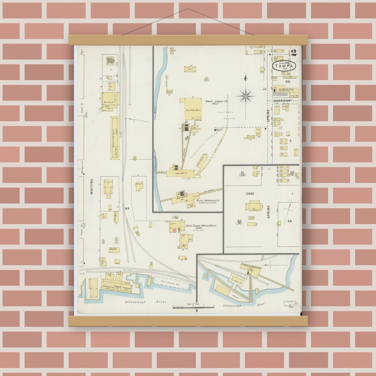 Old map wall art mockup — magnetic wood frame on brick wall — Sanborn Fire Insurance Map from Tampa, Hillsborough County, Florida (1895), Sheet #0006