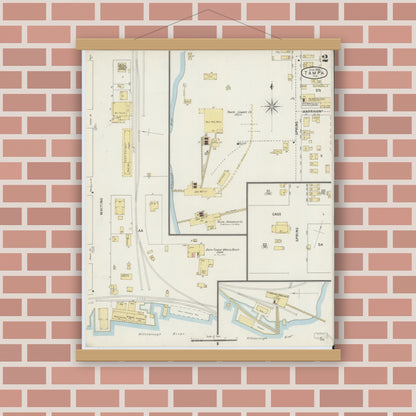 Old map wall art mockup — magnetic wood frame on brick wall — Sanborn Fire Insurance Map from Tampa, Hillsborough County, Florida (1895), Sheet #0006
