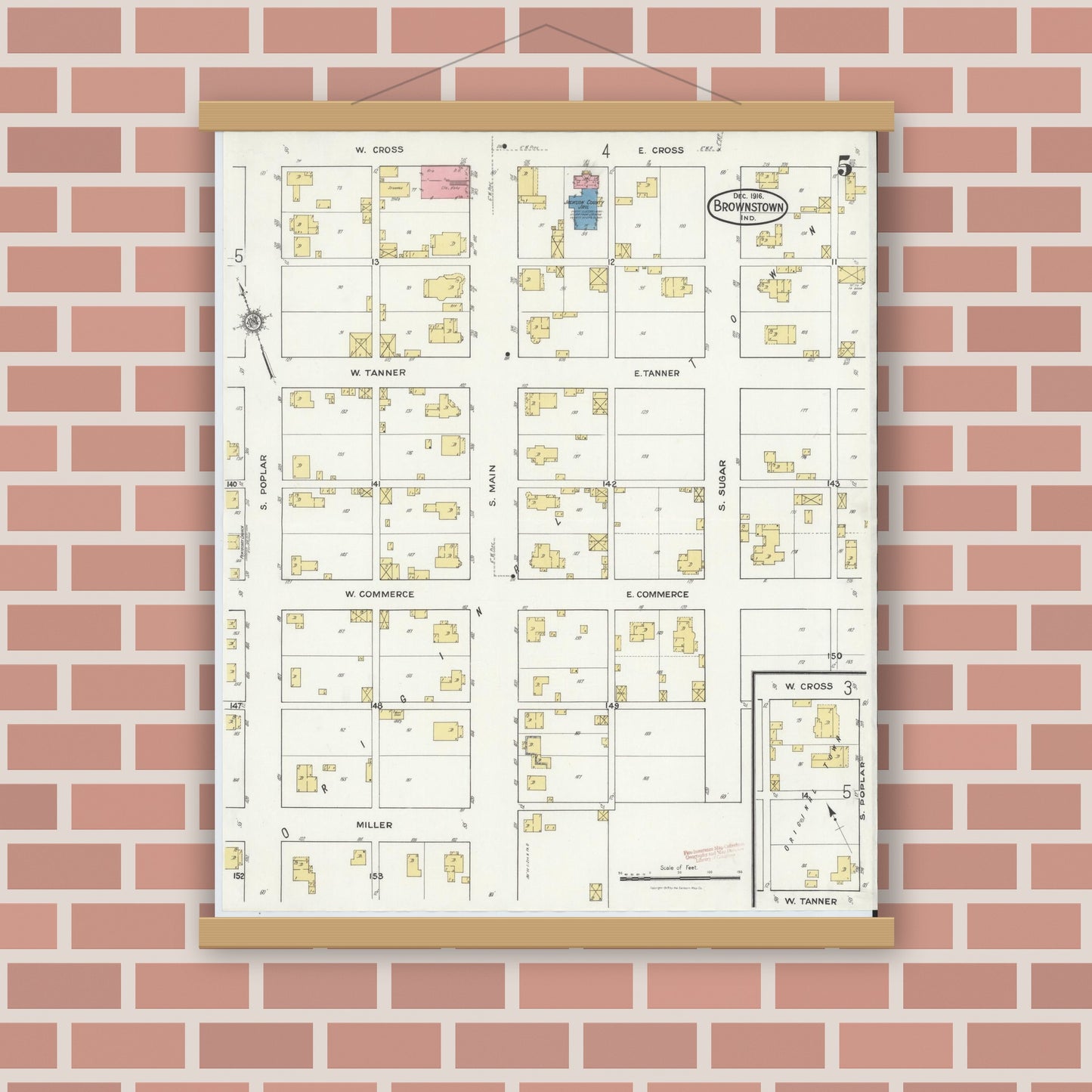 Old map wall art mockup — magnetic wood frame on brick wall — Sanborn Fire Insurance Map from Brownstown, Jackson County, Indiana (1916), Sheet #0005