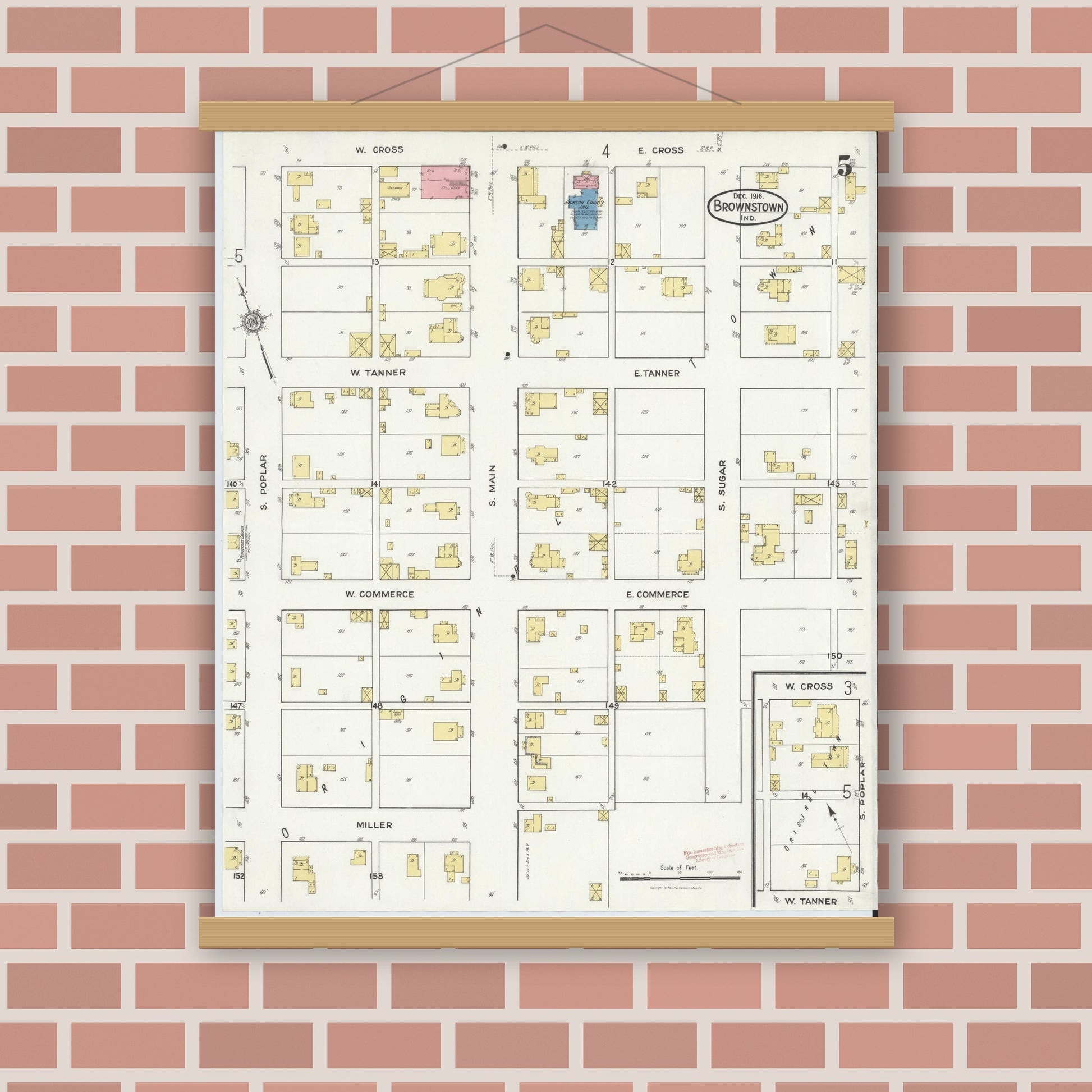 Old map wall art mockup — magnetic wood frame on brick wall — Sanborn Fire Insurance Map from Brownstown, Jackson County, Indiana (1916), Sheet #0005