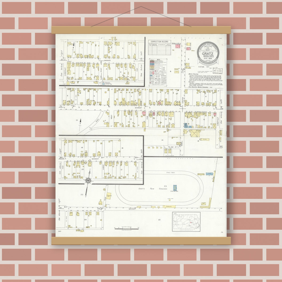 Old map wall art mockup — magnetic wood frame on brick wall — Sanborn Fire Insurance Map from Gratz, Dauphin County, Pennsylvania (1934), Sheet #0001