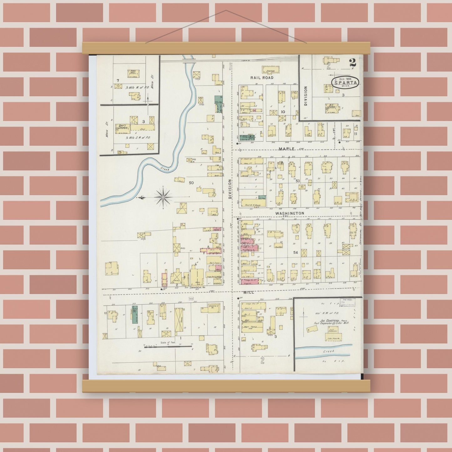 Old map wall art mockup — magnetic wood frame on brick wall — Sanborn Fire Insurance Map from Sparta, Kent County, Michigan (1894), Sheet #0002