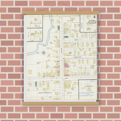 Old map wall art mockup — magnetic wood frame on brick wall — Sanborn Fire Insurance Map from Sparta, Kent County, Michigan (1894), Sheet #0002