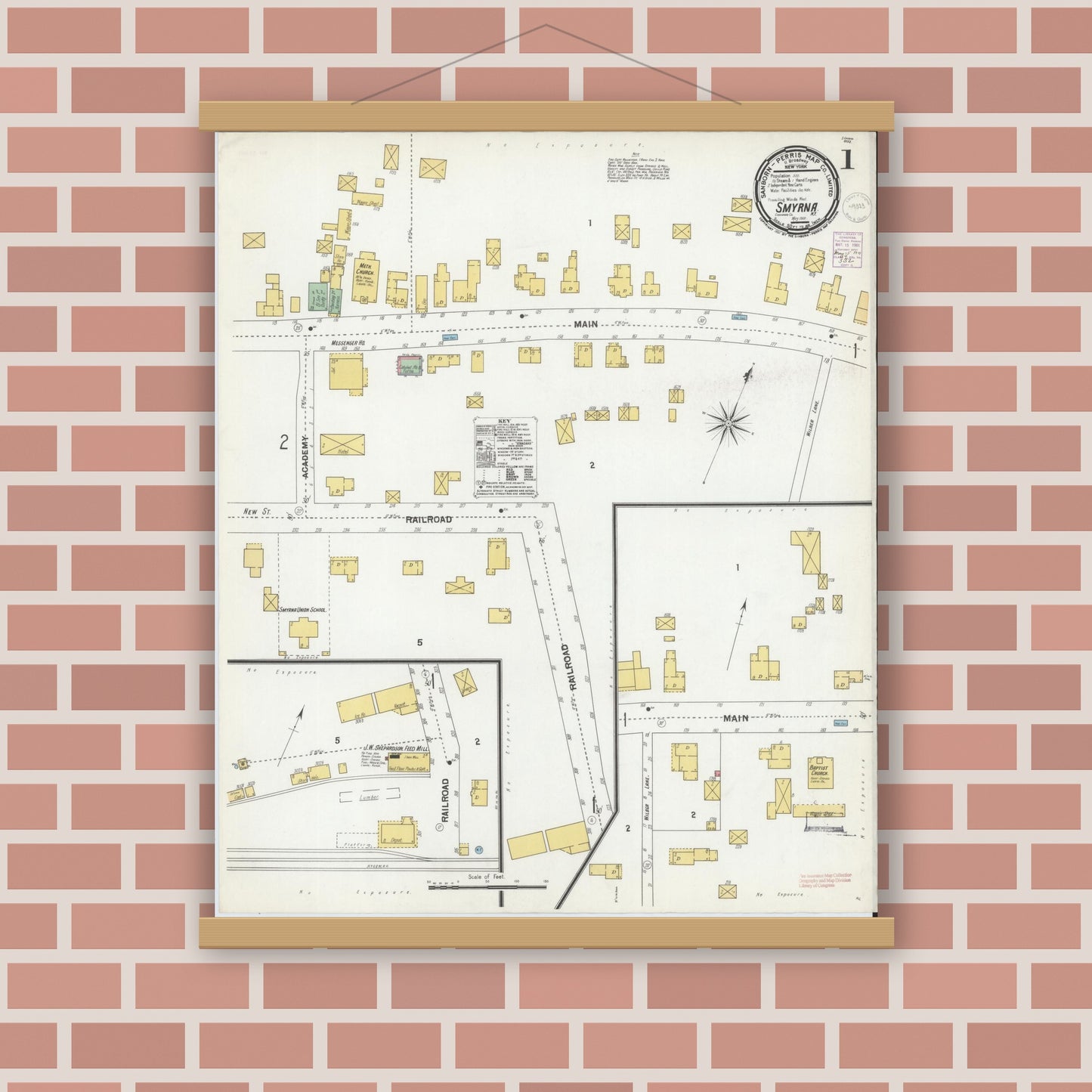 Old map wall art mockup — magnetic wood frame on brick wall — Sanborn Fire Insurance Map from Smyrna, Chenango County, New York (1901) - Complete Map Set