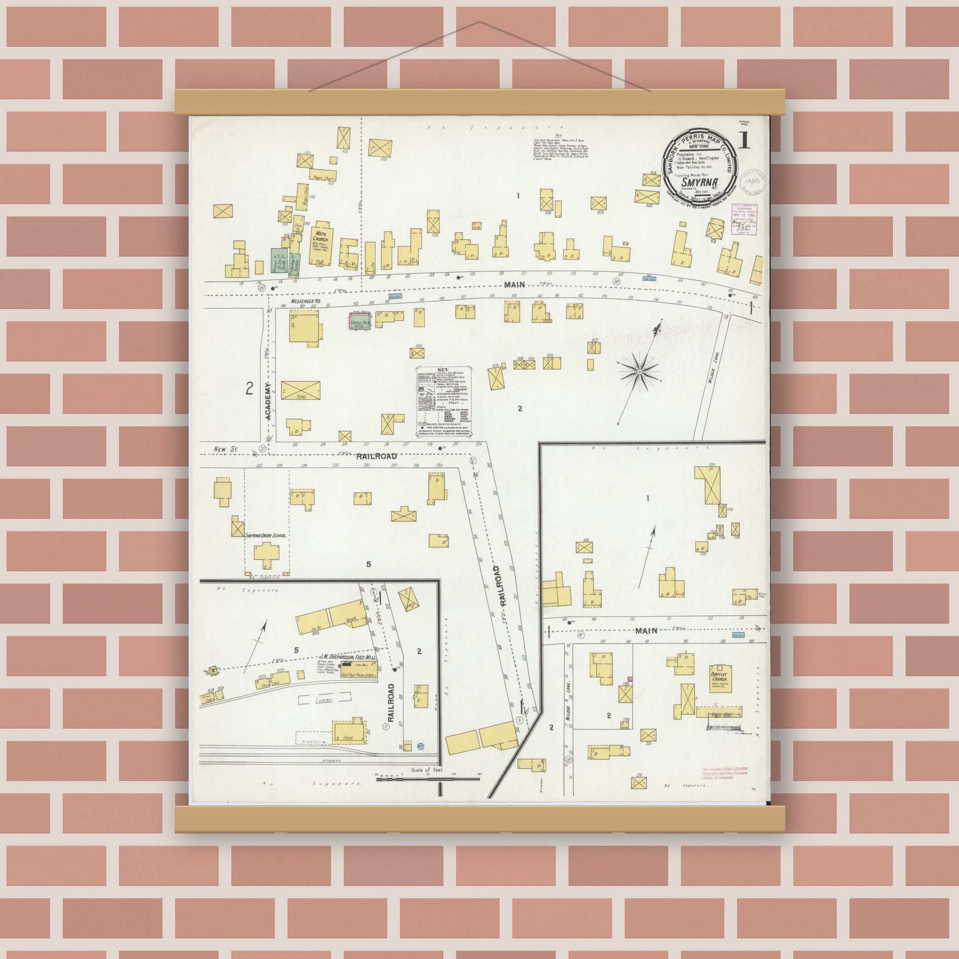 Old map wall art mockup — magnetic wood frame on brick wall — Sanborn Fire Insurance Map from Smyrna, Chenango County, New York (1901) - Complete Map Set