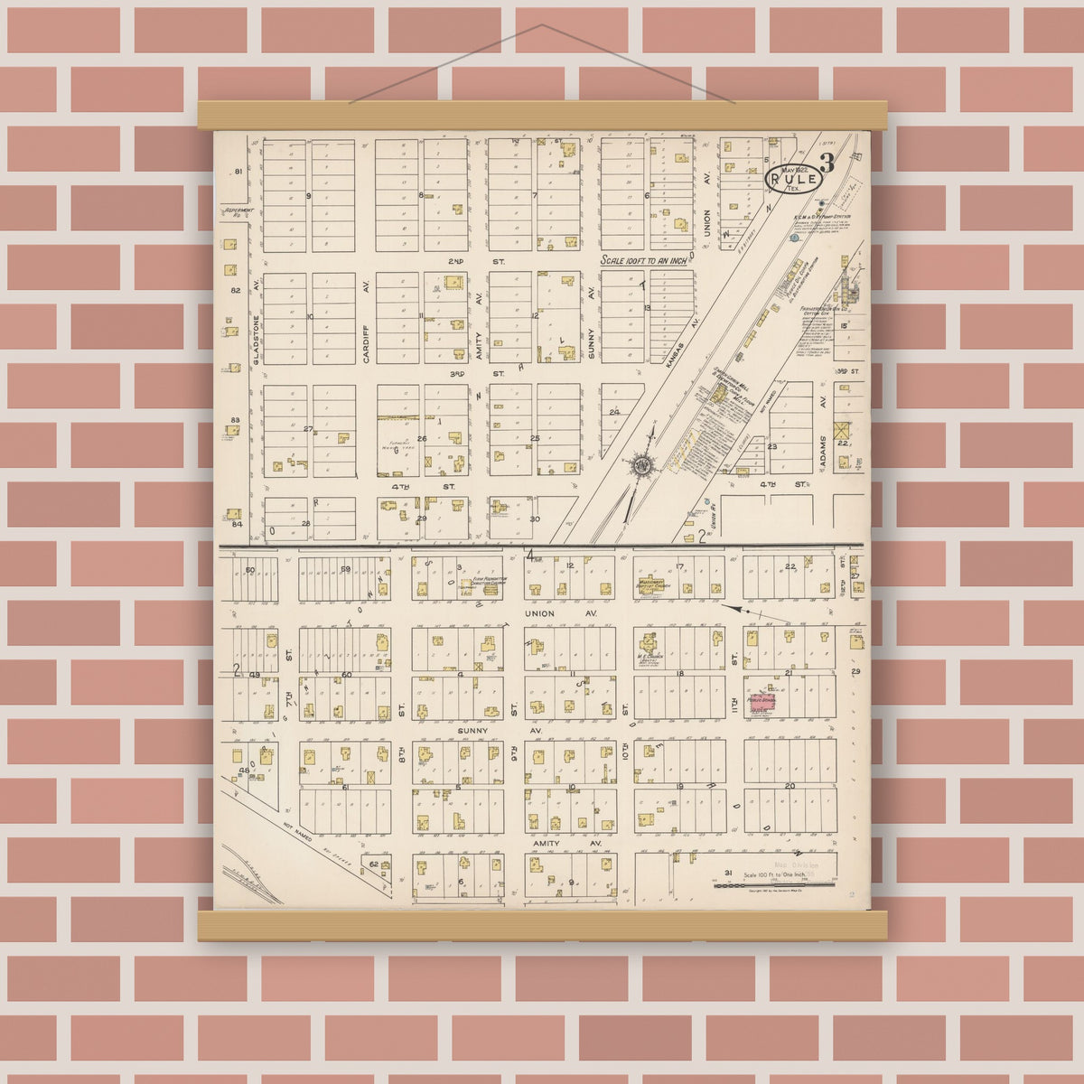 Old map wall art mockup — magnetic wood frame on brick wall — Sanborn Fire Insurance Map from Rule, Haskell County, Texas (1922), Sheet #0003