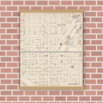 Old map wall art mockup — magnetic wood frame on brick wall — Sanborn Fire Insurance Map from Rule, Haskell County, Texas (1922), Sheet #0003