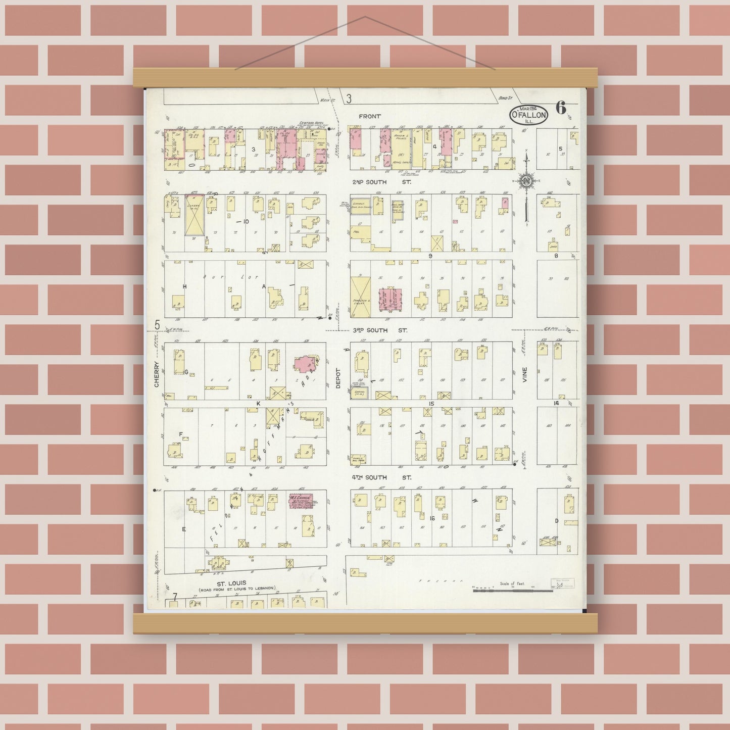 Old map wall art mockup — magnetic wood frame on brick wall — Sanborn Fire Insurance Map from O'Fallon, Saint Clair County, Illinois (1914), Sheet #0006