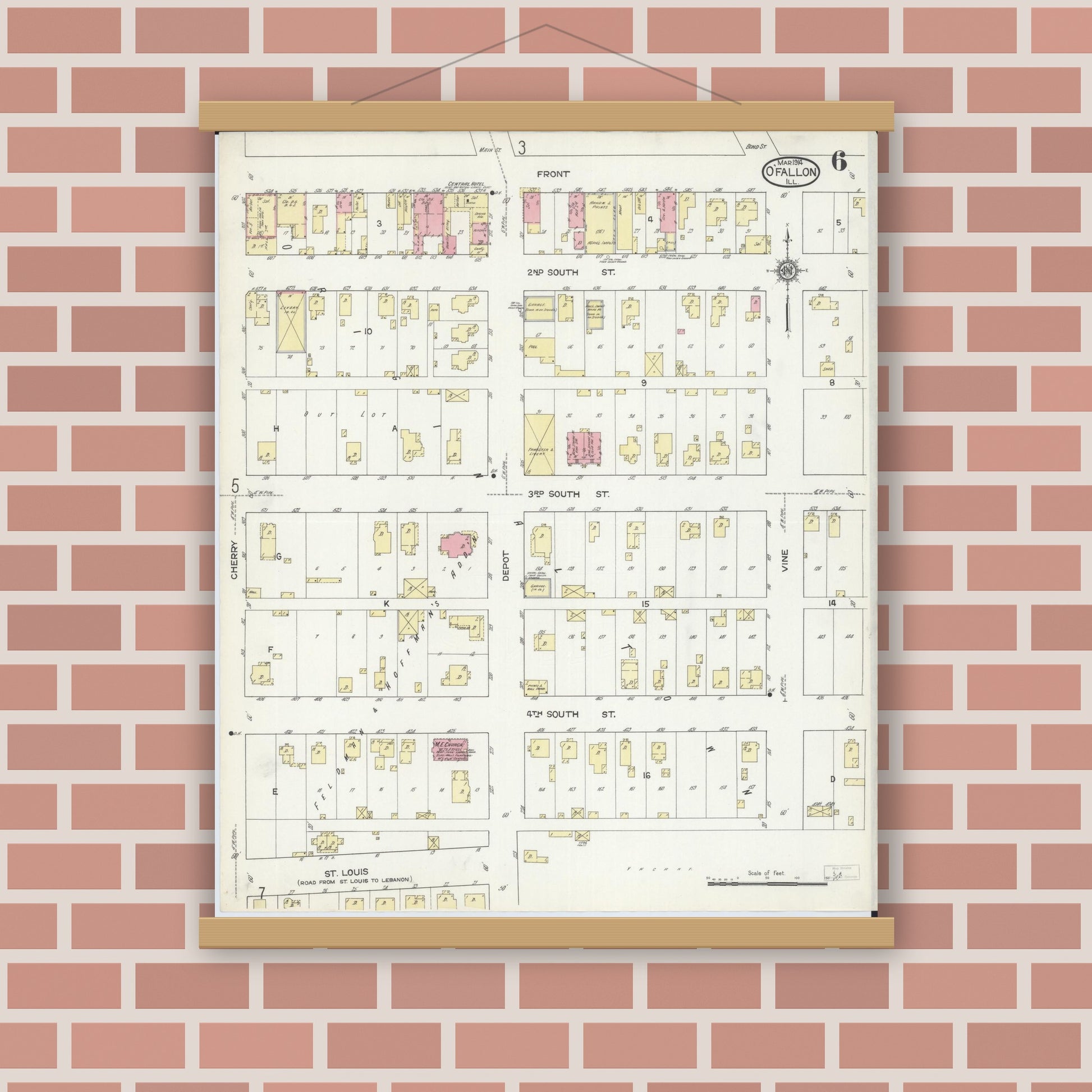 Old map wall art mockup — magnetic wood frame on brick wall — Sanborn Fire Insurance Map from O'Fallon, Saint Clair County, Illinois (1914), Sheet #0006