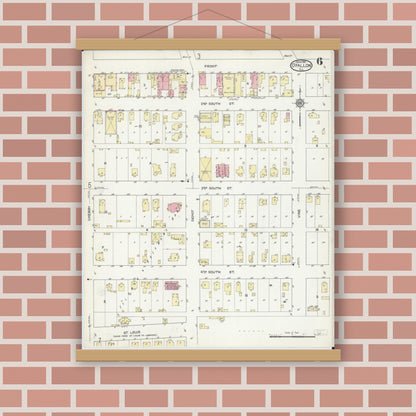 Old map wall art mockup — magnetic wood frame on brick wall — Sanborn Fire Insurance Map from O'Fallon, Saint Clair County, Illinois (1914), Sheet #0006