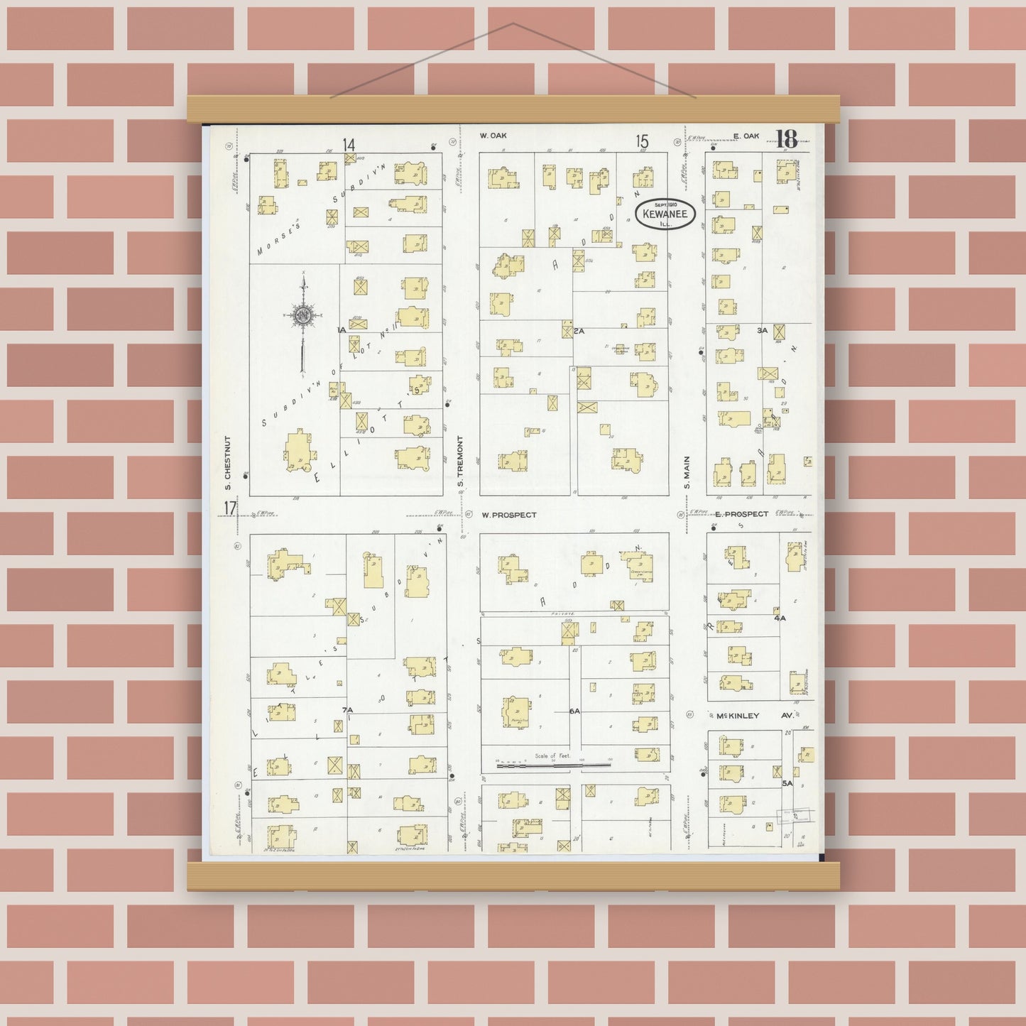 Old map wall art mockup — magnetic wood frame on brick wall — Sanborn Fire Insurance Map from Kewanee, Henry County, Illinois (1910), Sheet #0018