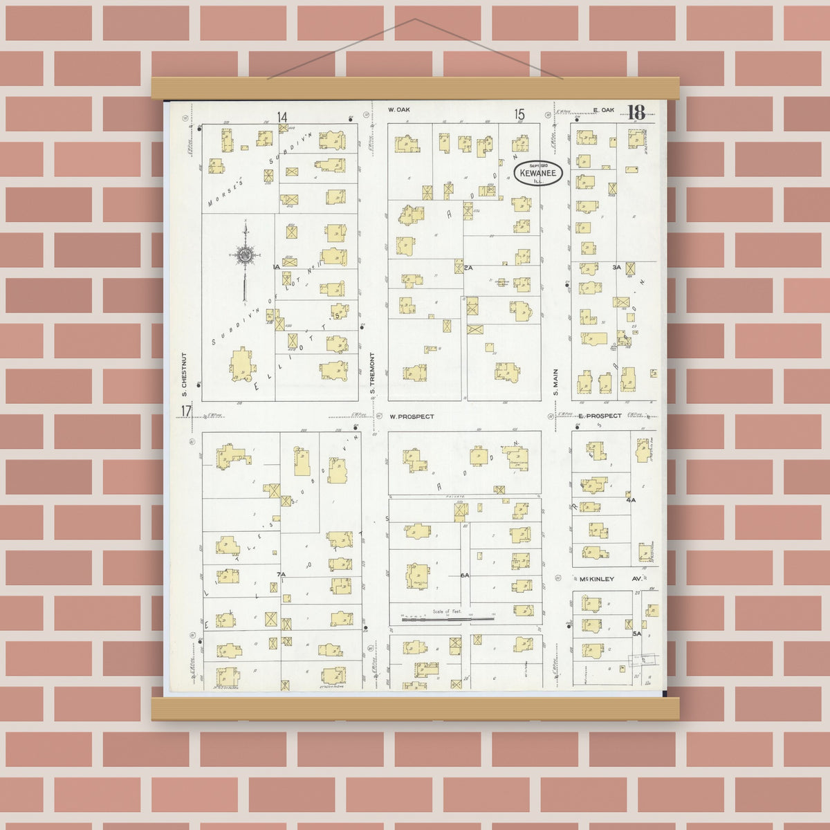 Old map wall art mockup — magnetic wood frame on brick wall — Sanborn Fire Insurance Map from Kewanee, Henry County, Illinois (1910), Sheet #0018