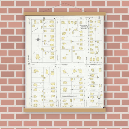Old map wall art mockup — magnetic wood frame on brick wall — Sanborn Fire Insurance Map from Kewanee, Henry County, Illinois (1910), Sheet #0018