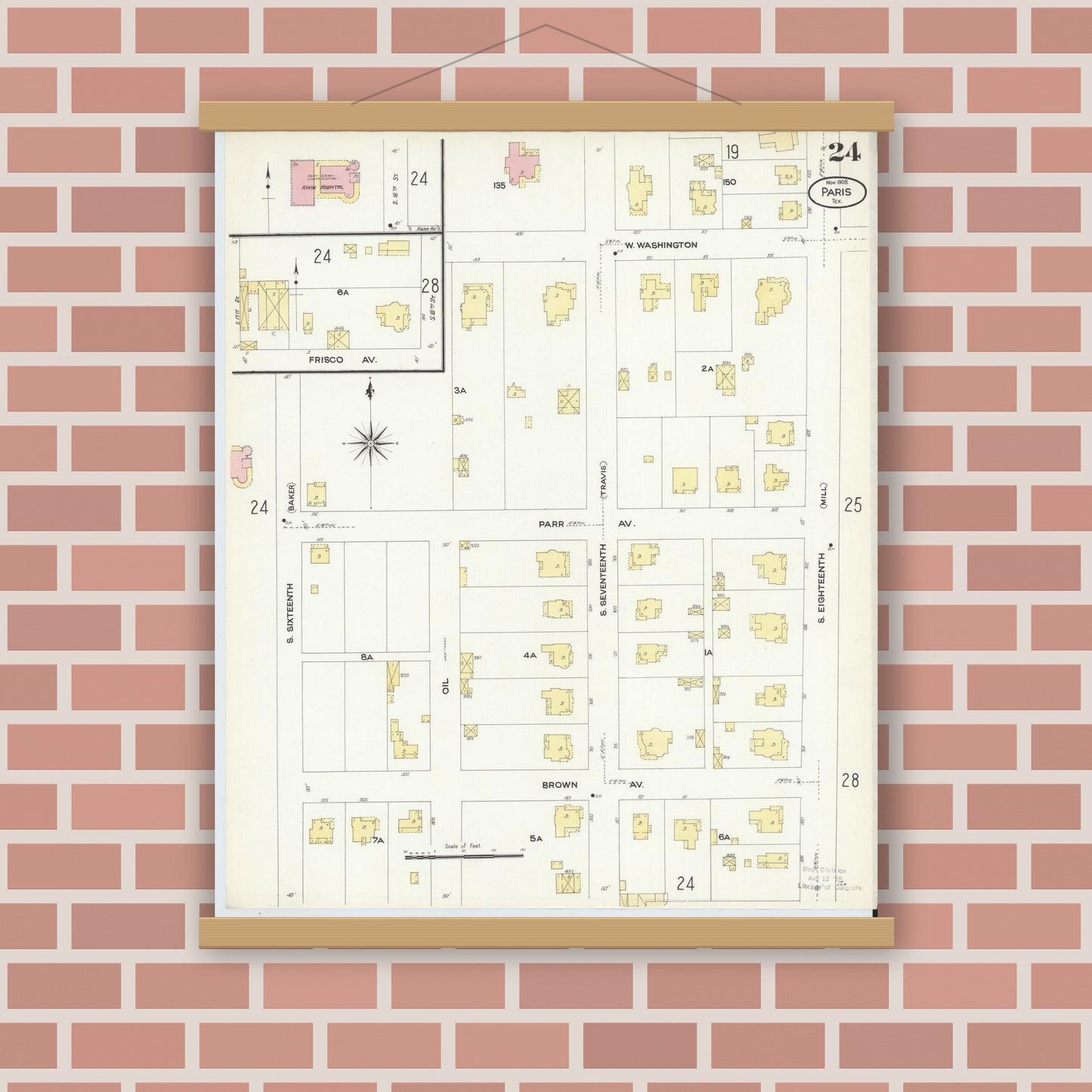 Old map wall art mockup — magnetic wood frame on brick wall — Sanborn Fire Insurance Map from Paris, Lamar County, Texas (1908), Sheet #0024