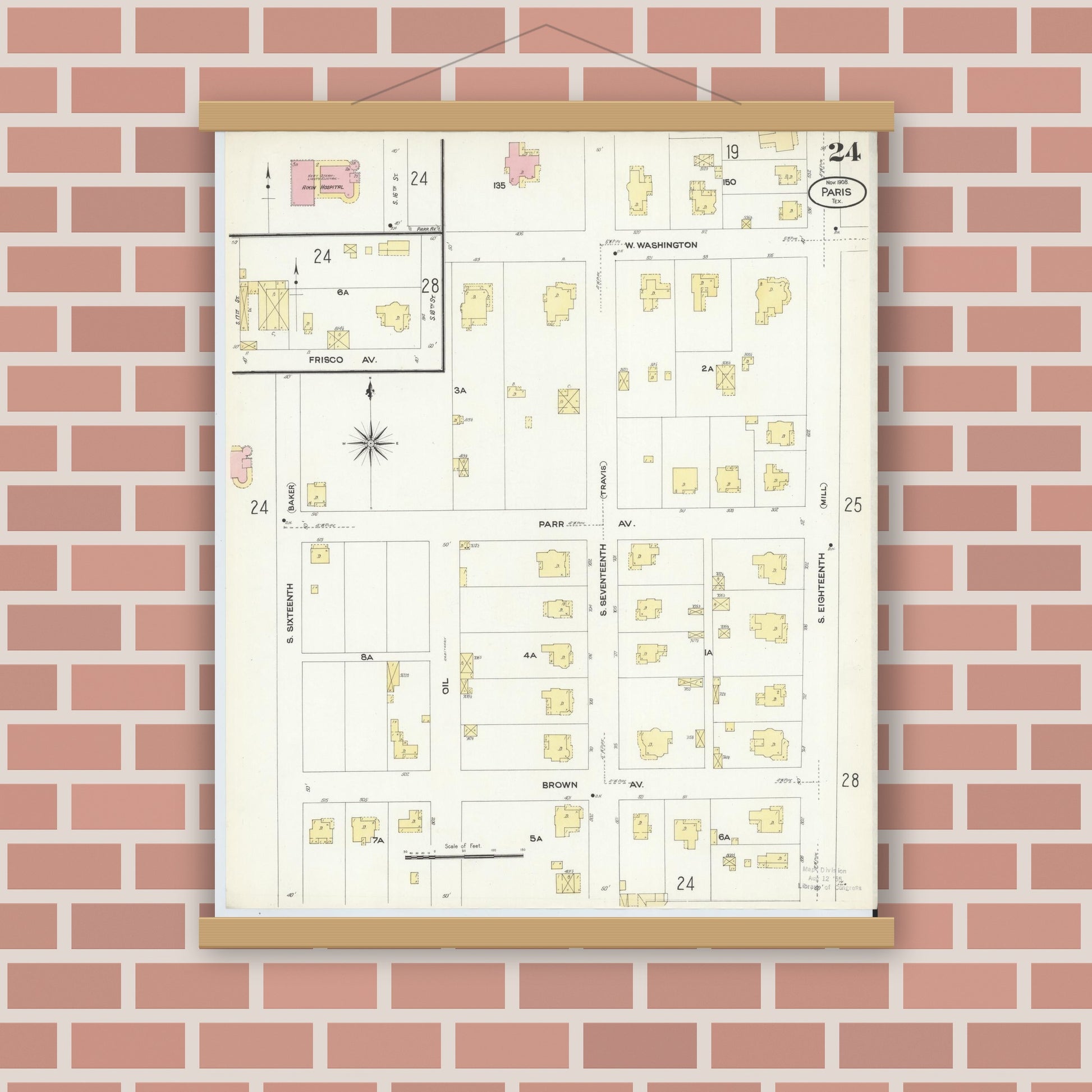 Old map wall art mockup — magnetic wood frame on brick wall — Sanborn Fire Insurance Map from Paris, Lamar County, Texas (1908), Sheet #0024