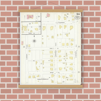 Old map wall art mockup — magnetic wood frame on brick wall — Sanborn Fire Insurance Map from Paris, Lamar County, Texas (1908), Sheet #0024