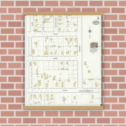 Old map wall art mockup — magnetic wood frame on brick wall — Sanborn Fire Insurance Map from Weston, Wood County, Ohio (1920), Sheet #0004