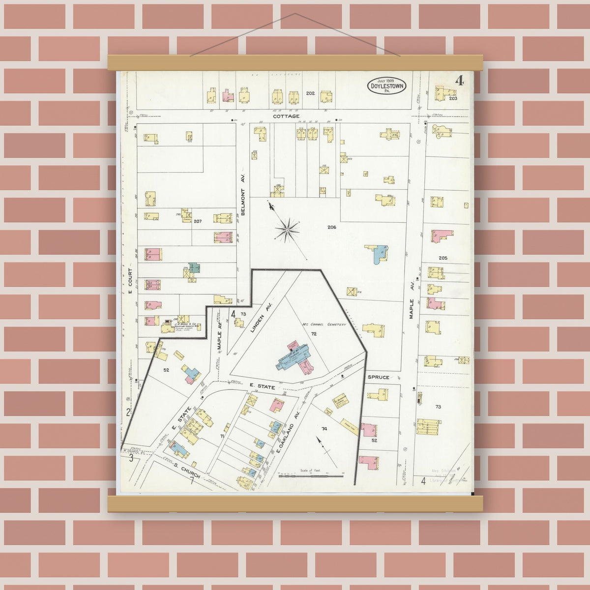 Old map wall art mockup — magnetic wood frame on brick wall — Sanborn Fire Insurance Map from Doylestown, Bucks County, Pennsylvania (1909), Sheet #0004