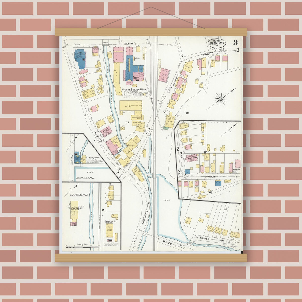 Old map wall art mockup — magnetic wood frame on brick wall — Sanborn Fire Insurance Map from Glen Rock, York County, Pennsylvania (1908), Sheet #0003