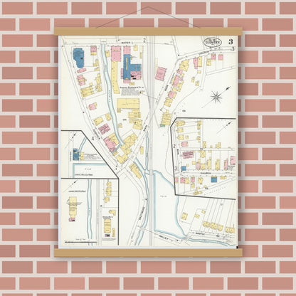 Old map wall art mockup — magnetic wood frame on brick wall — Sanborn Fire Insurance Map from Glen Rock, York County, Pennsylvania (1908), Sheet #0003